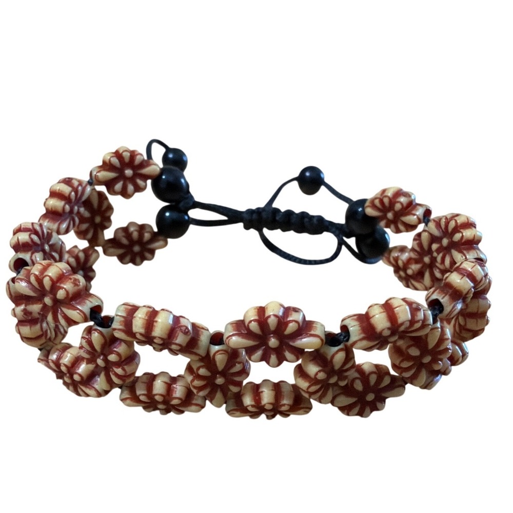 Boho Carved Floral Beaded Adjustable Macrame Cord Bracelet‎ Cream Brown Hippie